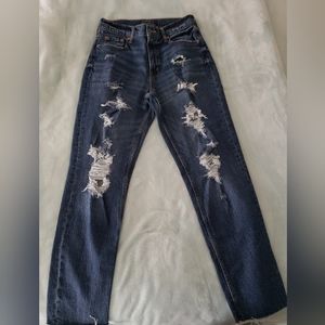 Aeropostle Mom Jean Distressed/destructed Dark wash Frayed Hem like new size 4 R